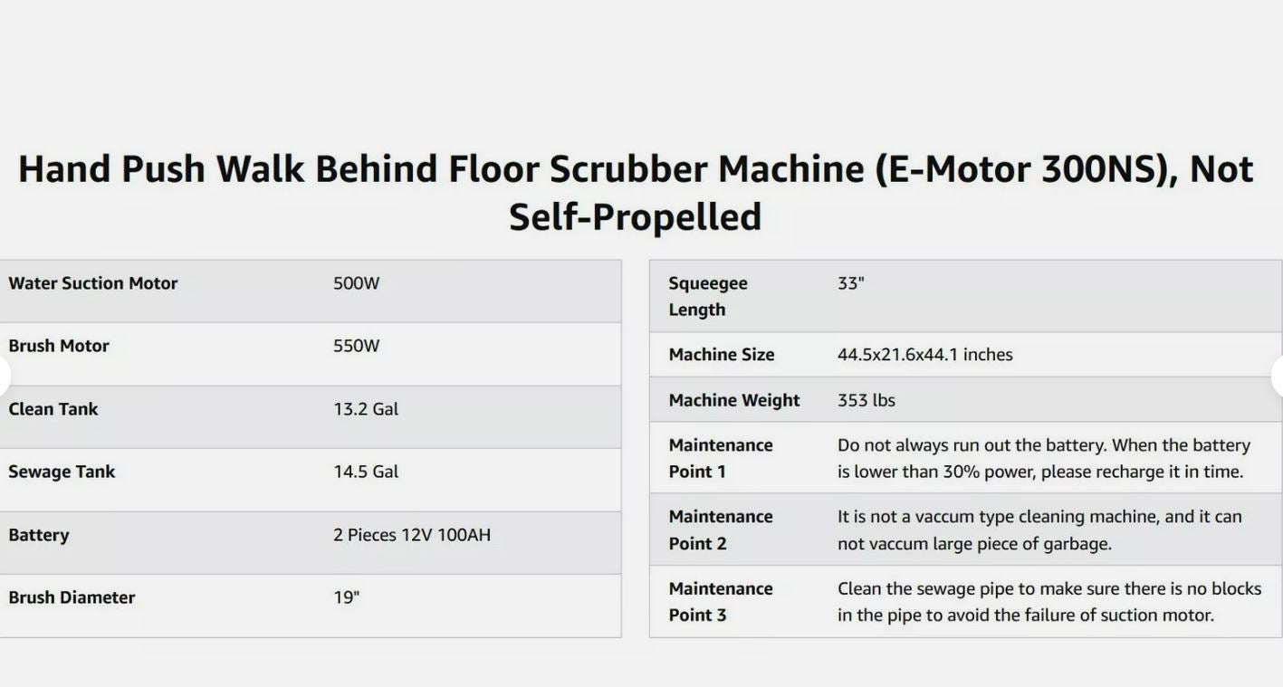 Walk Behind Floor Scrubber Machine w/100AH Batteries 14.5 gal Tank, not self-propelled, need to push it forward (Model: MX3NS-300NS)