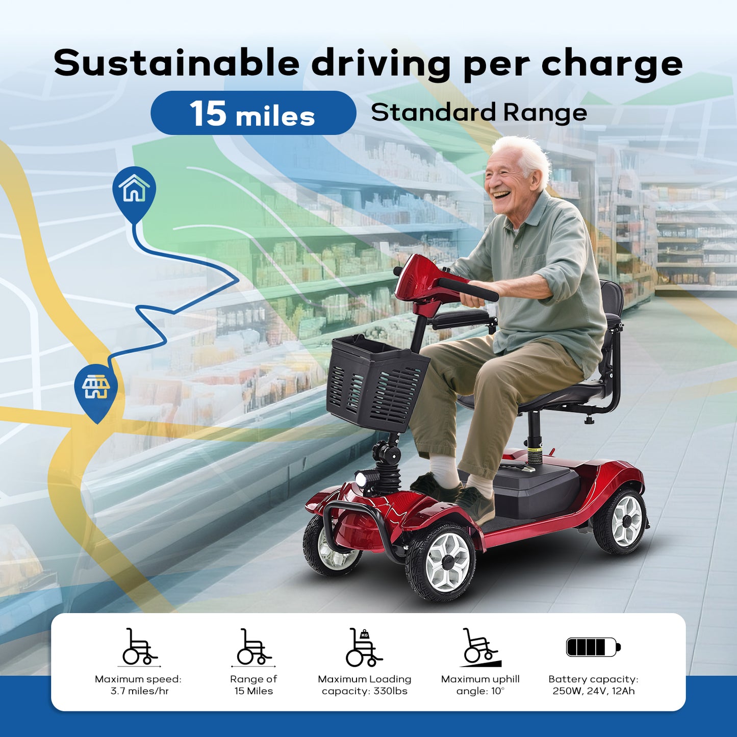 Mobility Scooter for Adults - 4-Wheel, 330lbs Capacity, 15Miles Long Range, Foldable Heavy Duty Mobile for Seniors, Elderly, Removable Battery, with Headlight, Charger & Basket