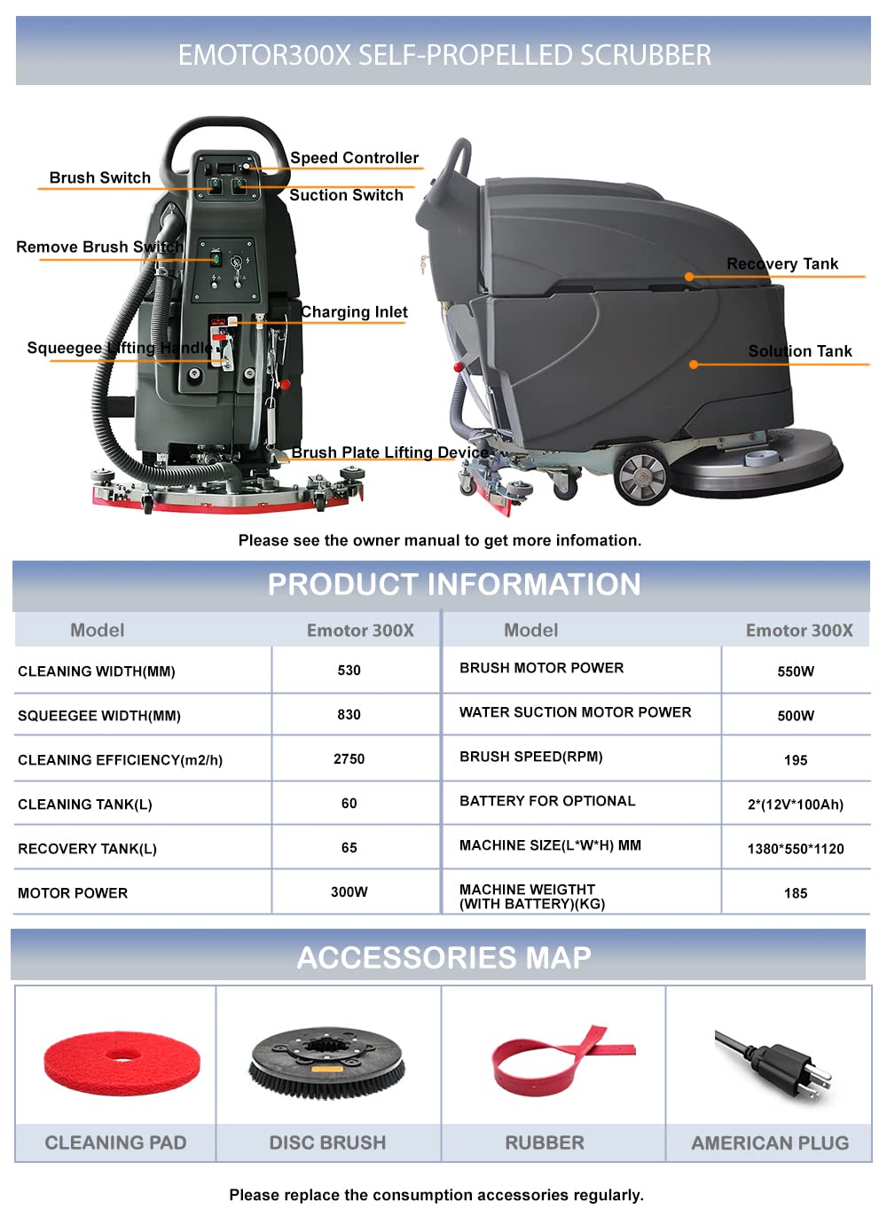 E-MOTOR 300 WALK BEHIND FLOOR SCRUBBER AUTOMATIC SCRUBBER