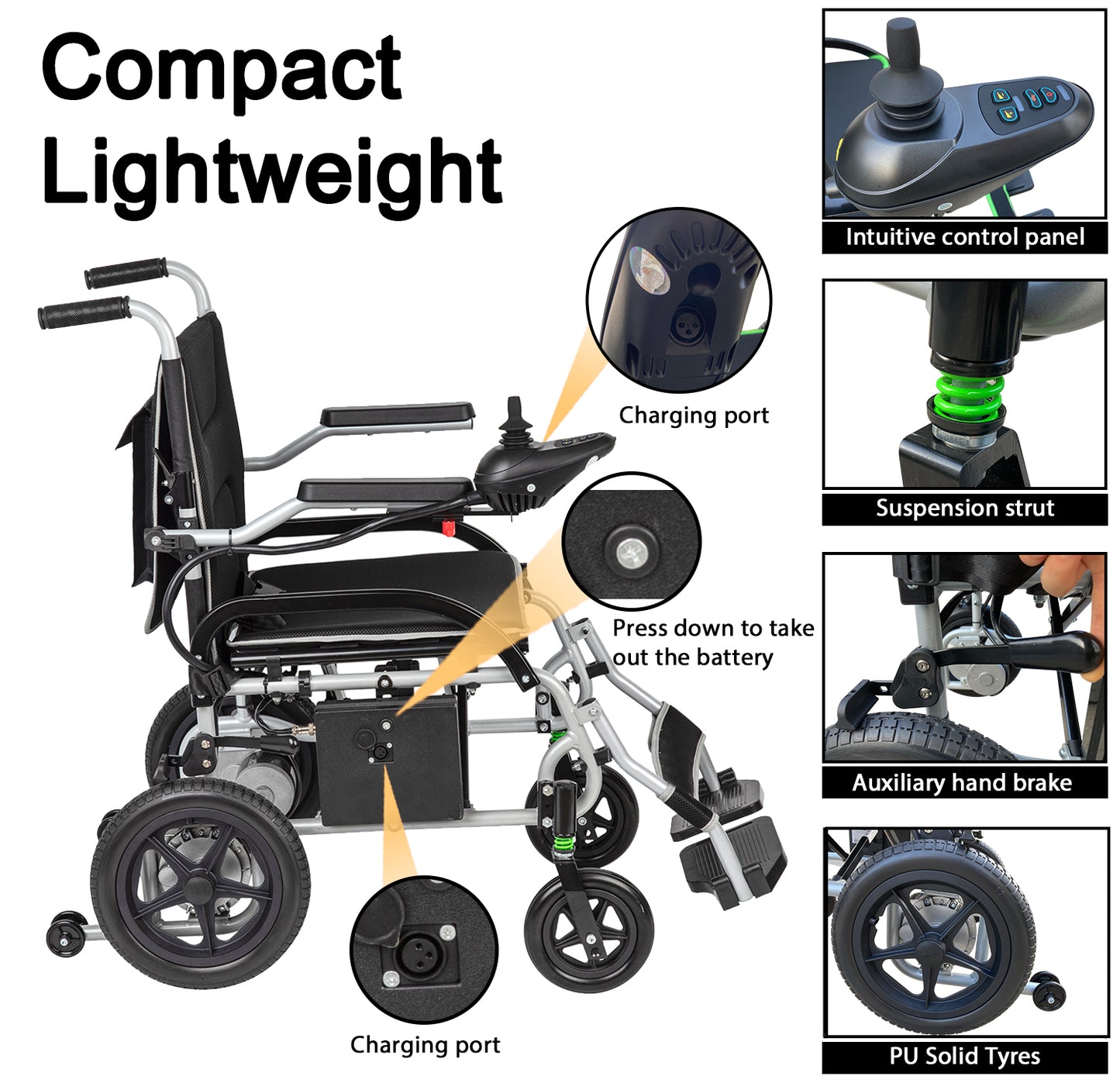 LIGHTWEIGHT 37.5 LBS FOLDABLE ELECTRIC WHEELCHAIRS MAX 265LBS, WITH DUAL MOTOR