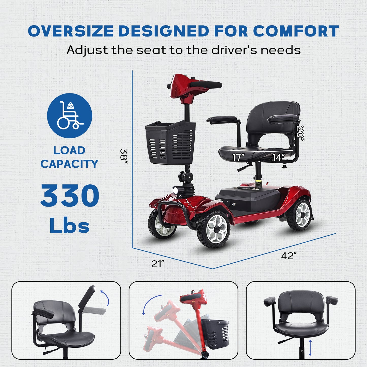 Mobility Scooter for Adults - 4-Wheel, 330lbs Capacity, 15Miles Long Range, Foldable Heavy Duty Mobile for Seniors, Elderly, Removable Battery, with Headlight, Charger & Basket