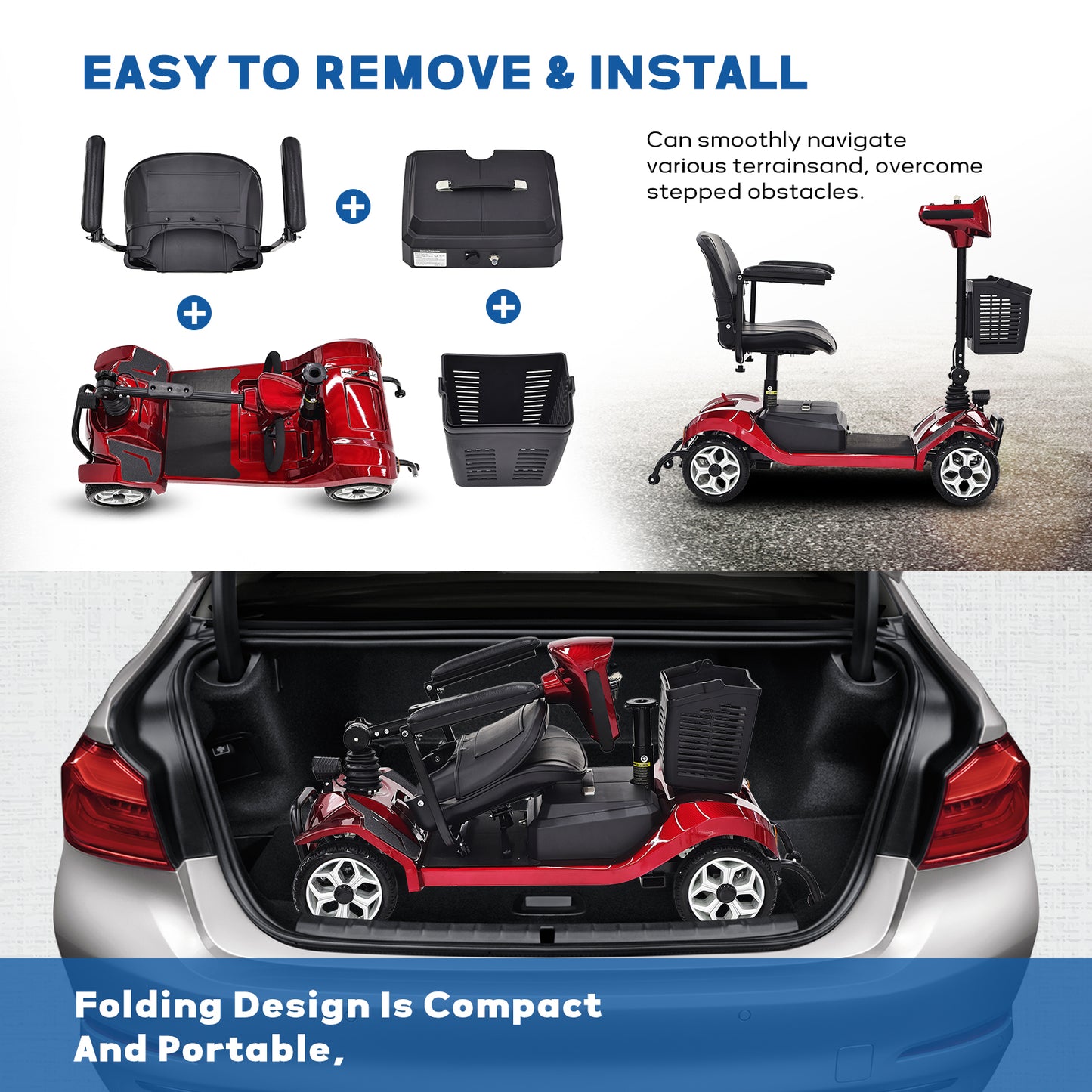 Mobility Scooter for Adults - 4-Wheel, 330lbs Capacity, 15Miles Long Range, Foldable Heavy Duty Mobile for Seniors, Elderly, Removable Battery, with Headlight, Charger & Basket