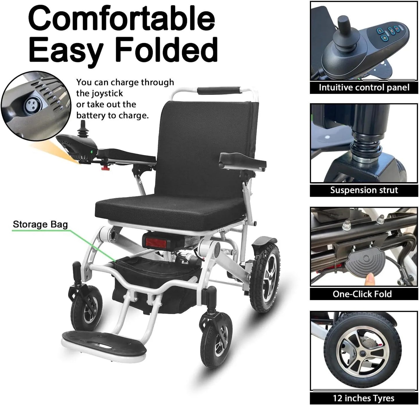 FOLDABLE ALUMINUM ELECTRIC WHEELCHAIRS MAX 300LBS 12AH BATTERY