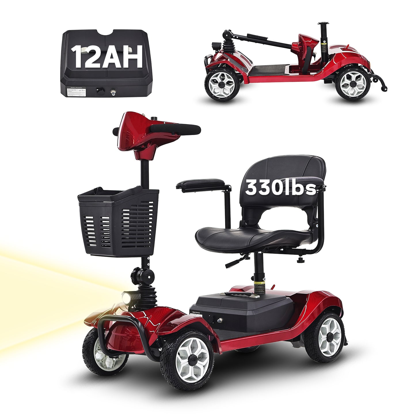Mobility Scooter for Adults - 4-Wheel, 330lbs Capacity, 15Miles Long Range, Foldable Heavy Duty Mobile for Seniors, Elderly, Removable Battery, with Headlight, Charger & Basket