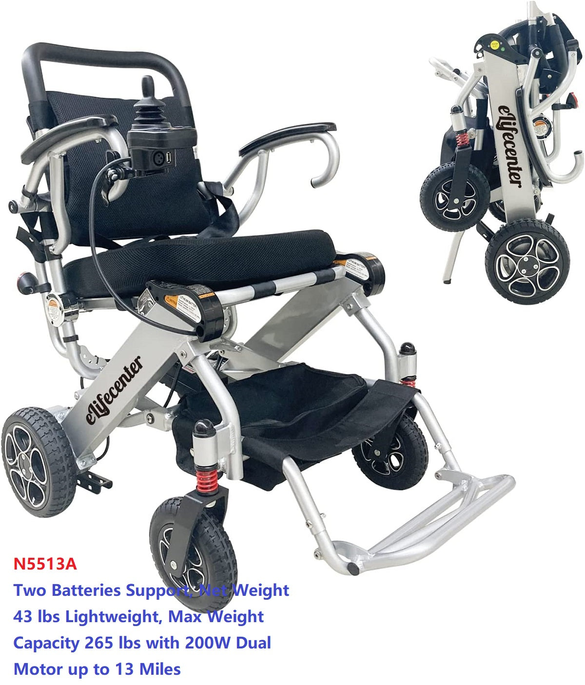 2eCenter Foldable 2 Pieces Batteries Powered Electric Wheelchair 265lbs Max Load Capacity